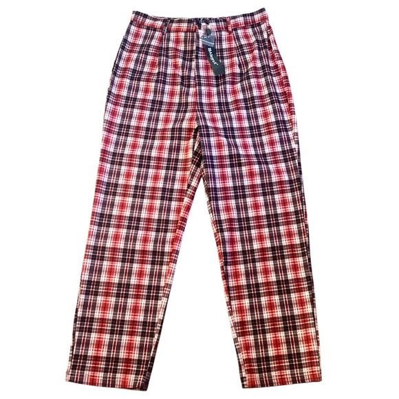 Allegra K Plaid Cropped Trousers Button Casual Tartan Check Work Pants Red Large - Picture 2 of 10